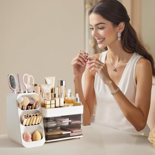 HBlife Makeup Organizer with Brush Holder for Vanity, Large Plastic Bathroom Countertop Organizer Skin Care Storage, Easy to Store Lipsticks, Nail Polishes, Perfumes, Eyeshadow Palettes, White by HBlife - Used condition - Image 6