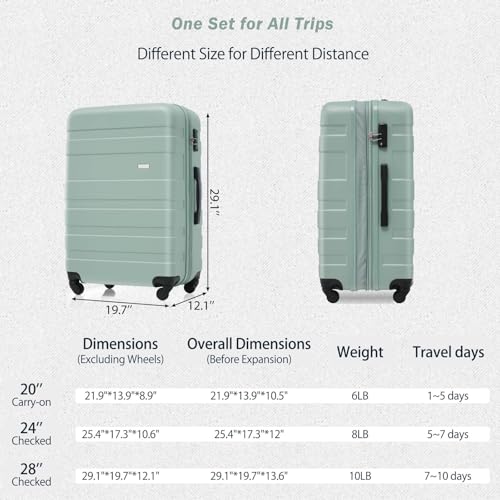 Expandable 3-Piece Hardshell Luggage Set - Lightweight ABS Suitcases with Lock - 20'', 24'', 28'' - Durable Travel Gear (Green)3