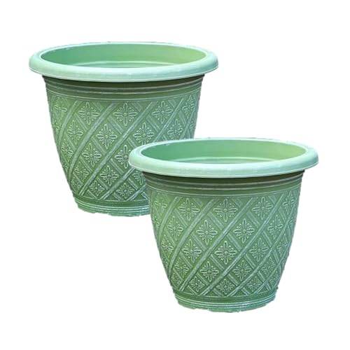 Fyne-Finds Set of 2 Round 33cm 13inch Garden Plant Pot Woven Flower Outdoor Decor Planter Frost Proof, Weatherproof, Drainage Hole (Moss Green)