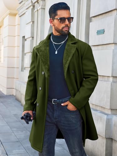 Image of Runcati Mens Trench Coat Double Breasted Notched Collar Fleece Jacket Slim Fit Fall Winter Fuzzy Pea Coats Warm Overcoat