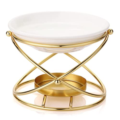 QIHONGC Decorative Metal Essential Oil Burner Wax Melt Burner with Ceramic Bowl Home Decorative Tea Light Candle Holder Aroma Diffuser Golden