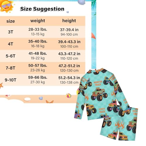 Traje de baño de 2 piezas para niños con diseño de camión de monstruos turquesa 3
