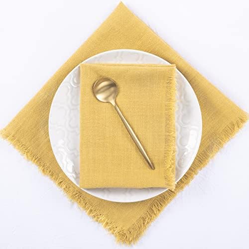 DeZerlor 4Pack Yellow Cotton Fringed Napkins Handmade Linen Napkins Bulk Boho Rustic Dinner Cloth Napkins for Wedding Bridal Baby Shower Party Decoration,16"x16"