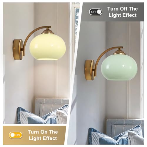 Image of Vintage Green Glass Wall Sconce Brass Gold Wall Light Fixture Hardwired Mid Century Modern Bathroom Vanity Light Fixture