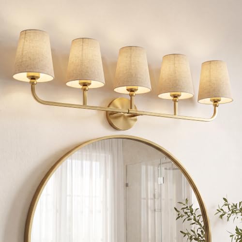METWET 5-Light Brushed Gold Bathroom Vanity Light, Brown Linen Fabric Shade by METWET - Used condition - Image 2