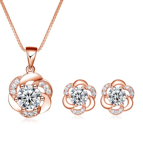 Josfeva Jewellery Sets for Women Girls, 2 PCS 925 Sterling Silver Pendant Necklace & Stud Earrings Set with White Zirconia, Flower Jewellery Set Gifts for Birthday Christmas Valentines (Rose Gold)