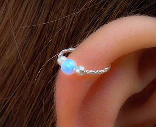Opal Helix Earring Hoop - 925 Sterling Silver Light Blue Opal Cartilage Earring ring,Opal Helix piercing Hoop Ear Jewelry