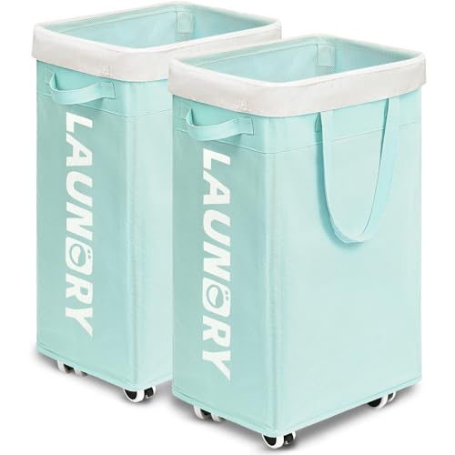 Image of Goodpick Rolling Laundry Basket with Wheels 2-Pack, 75L Large Collapsible Laundry Hamper with Removable Wash Bag Space for living room, Blue