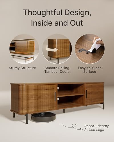 Image of SUNCOZE 70 inch Mid-Century Fluted TV Stand with Storage up to 80 Inch, Walnut