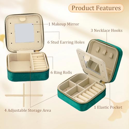 SRYTCYDA 4PC Travel Jewelry Case for Women, 3.93" × 3.93" Portable Small Velvet Jewelry Organizer Travel with Mirror, Mini Jewelry Box for Earrings, Rings, Necklaces (Dark Green) — view 3