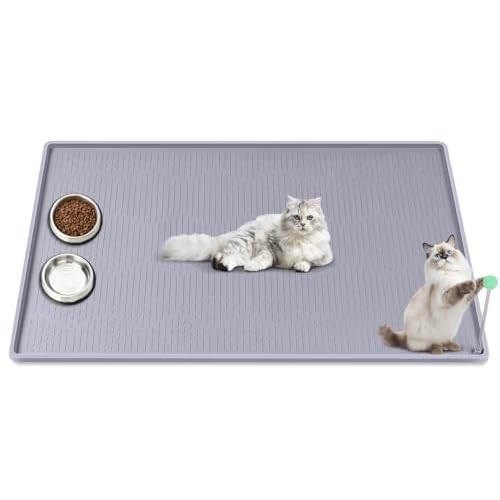 Cat Food Mat with Toy Ball, 34'' x 22'' Extra Large Silicone Pet Feeding Mat with Raised Edge Pet Placemat for Food and Water Bowl Non-Slip, Easy to Clean, Floor Protection (Grey)