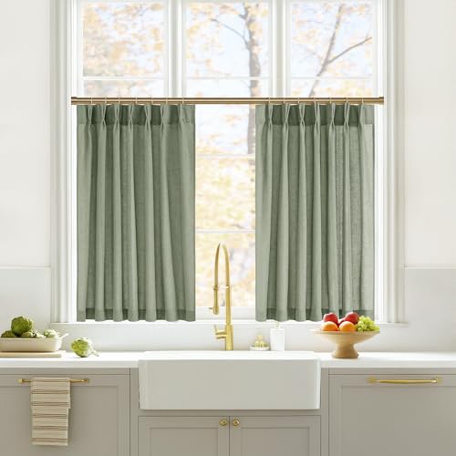 NICETOWN Sage Green Natural Pinch Pleated Linen Kitchen Curtains 36 Inches Long, 2 Panels Set Farmhouse Light Filtering Short Curtains for Cafe Bar Li