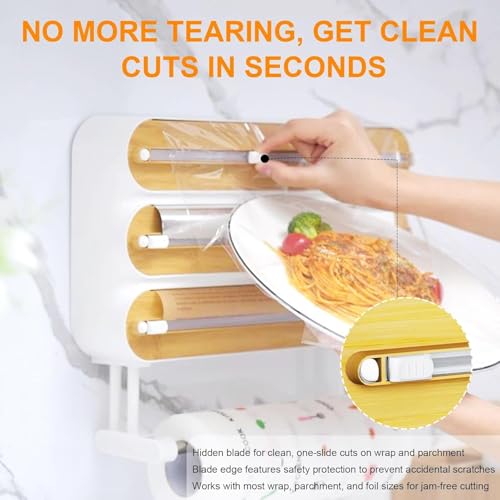 Image of DOCAT Foil Paper Cutter and Holder, 3 in 1 Magnetic Aluminum Foil and Plastic Wrap Organizer with Paper Towel Holder, Compatible with Cling Film, Tin Foil and Wax Paper (4 in 1 Wooden)
