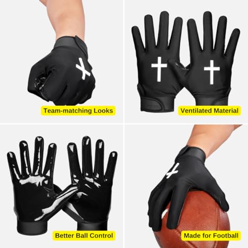 SLEEFS Youth Football Gloves for Men and Women, Faith Cross Black Sticky Receiver Flag Football Gloves for Youth, Adult Men or Women, Stretch Fit, No Slip, Perfect Grip, Machine Washable, Medium - Thumbnail 5