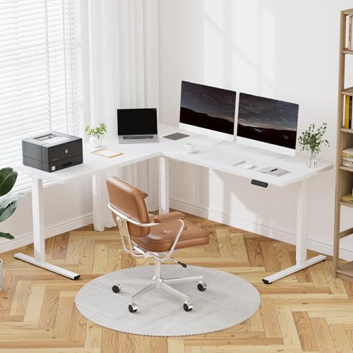 Image of FLEXISPOT L Shaped Standing Desk, 71 x 63 Inch Electric Height Adjustable Corner Desk, Sit Stand Computer Workstation, Preset Controller, Home Office, White Frame with White Top