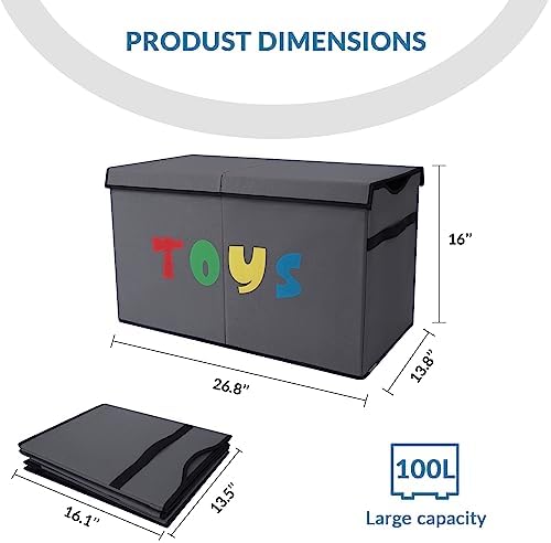 Toy Box Chest, Collapsible Sturdy Storage Bins with Lids, Extra Large Kids Toy Storage Organizer Boxes Bins Baskets for Kids, Boys, Girls, Nursery Room, Playroom, Closet (A-TBX-GRAY-MULTI)