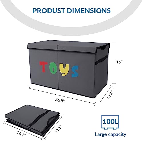 Toy Box Chest, Collapsible Sturdy Storage Bins with Lids, Extra Large Kids Toy Storage Organizer Boxes Bins Baskets for Kids, Boys, Girls, Nursery Room, Playroom, Closet (A-TBX-GRAY-MULTI)