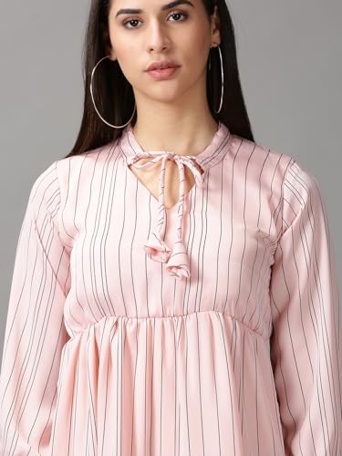 Image of SHOWOFFFF Women Stripe Print Fit and Flare Casual Dress | Round Neck 3 /4th Sleeves Satin Dress for Womens | Above Knee Dress for Women's