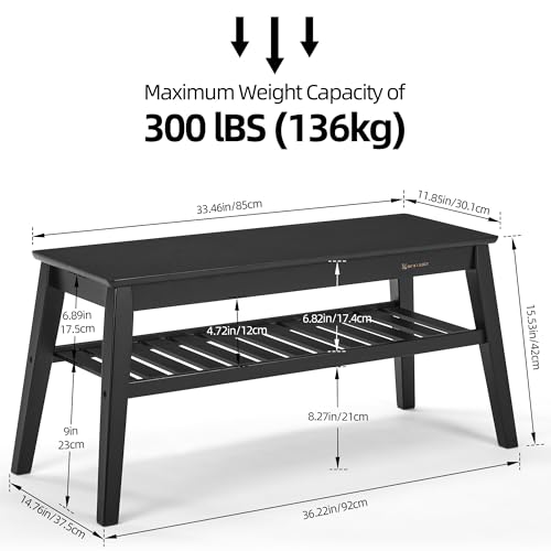 Nnewvante Bamboo Entryway Bench, 33.46\" End of Bed Bench, 2 Tier Black Bench for Bedroom, Indoor Bench for Living Room, Dining Room, Hallway, Holds up to 300lbs - Thumbnail 2