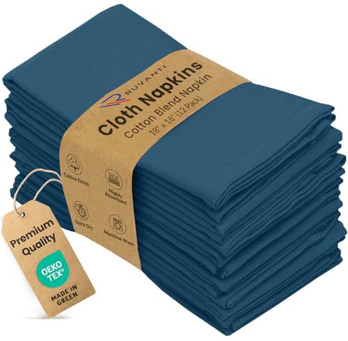 Ruvanti Cloth Napkins Set of 12, 18x18 Inches Napkins Cloth Washable, Soft, Durable, Absorbent, Cotton Blend. Table Dinner Napkins Cloth for Hotel, Lunch, Restaurants, Weddings, Parties - Midnight