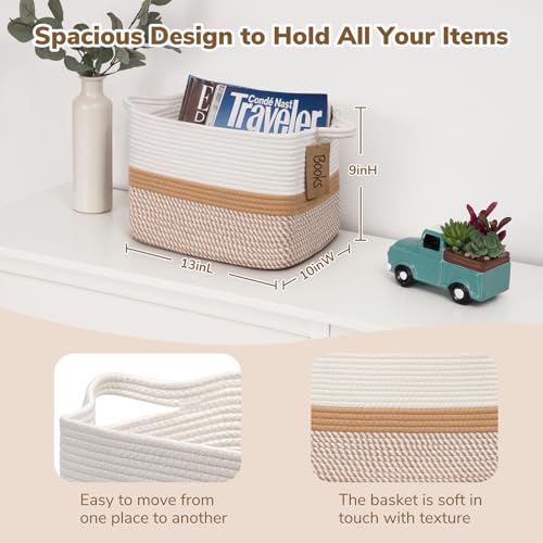 Image of Goodpick Woven Rope Storage Basket for Shelves, White & Camel Mix