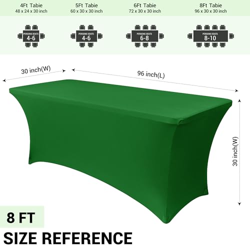 Image of Obstal 8Ft Stretch Spandex Table Cover for Standard Folding Tables - 2 Pack Universal Rectangular Fitted Tablecloth for Party, Banquet, Events, Trade Show (Emerald Green, 96L x 30W x 30H Inches)