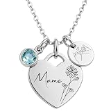 BS Schmuckdesign Personalisierte Kette Damen mit Gravur – Herzkette mit Namen & Monatsblume, individuelle Wunschgravur hinten, persönliches Geschenk für Frauen (Silber)