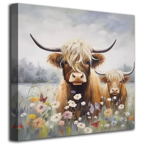 Acocifi Highland Cow Bathroom Wall Art Rustic Farmhouse Picture Animal Canvas Print Painting, Daisy Flower Bush Landscape Artwork Framed for Bedroom Living Room Kitchen Office Home Decor 14