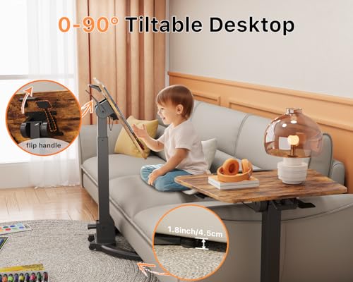 Image of JOY worker Foldable Mobile Standing Desk, Pneumatic Height Adjustable Sit Stand Desk, 90 Tiltable Rolling Laptop Table, Portable Workstation with Non-Slip Mat for Home Office, Holds Up to 22lbs