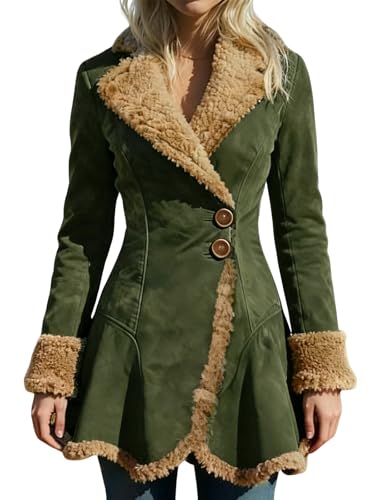 utcoco Womens Sherpa Lined Suede Jacket 2026 Fall Fashion Outfits Slim-Fit Faux leather Fleece Jackets Winter Coats (X-Large, Green)