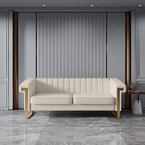 MGH Modern Velvet Sofa,Channel Tufted Velvet Sofa Couch with Stainless Steel Base and Comfortable Cushion,83.86“ Lx 30.71“ Wx 30.51“ H (Beige)