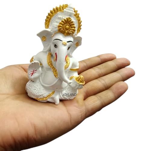 Image of JOY LAND Lord Ganesha Car Dashboard Idol | White & Gold Ganesh Murti for Car Dashboard, Home & Office Decor (White Gold)