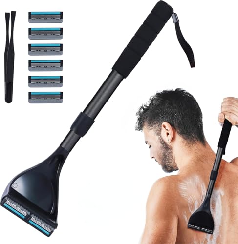 Back Razor for Men with Long Handle - Adjustable - Back Hair Remover DIY Razor Blade Set Painless with 5 Blades - Universal Razor Double Edged (Black)