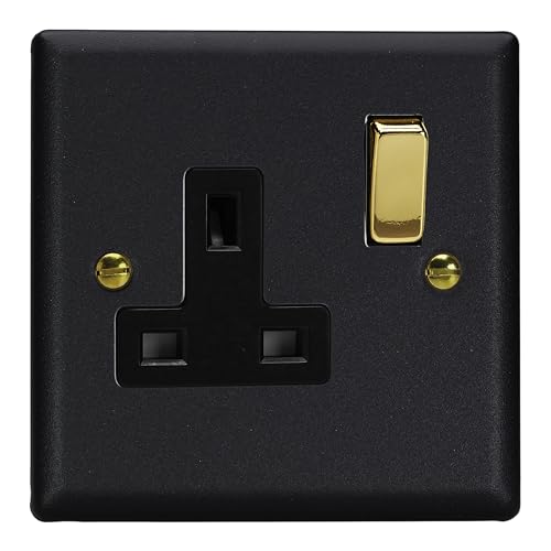 Varilight Single Switched Socket - Vogue Matt Black With Polished Brass/Black Insert