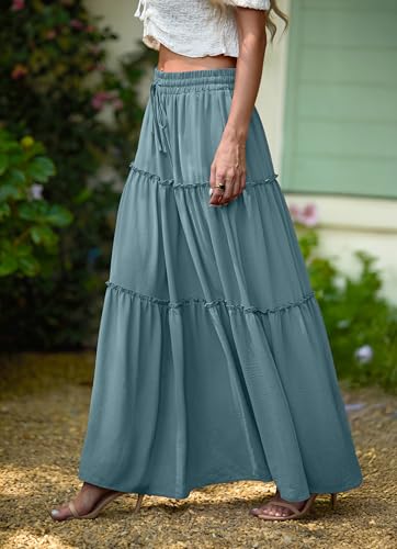 Image of Lepunuo Womens Casual Boho High Waisted Flowy Maxi Skirts Tiered Floral Long Skirts with Pockets for Summer Beach Vacation