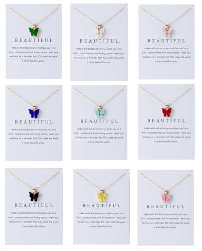 GANDC 9 pcs Colorful Butterfly Pendant Necklace for Women Bohemian Acrylic Adjustable Retro Card...