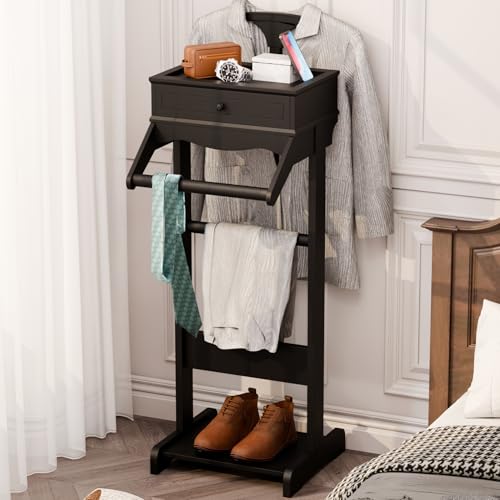 Image of Men's Valet Stand with Tray, Black Wood Clothes Stand, Freestanding Garment Rack Organizer for Enterway, Office, Bedroom