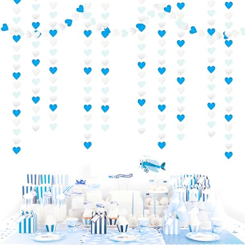 Image of Light-Blue White-Silver Party-Decoration Heart Garland - 39Ft Baby Boy Shower Birthday Streamers Graduation Bachelorette Bridal Christmas Wedding Banner Decor