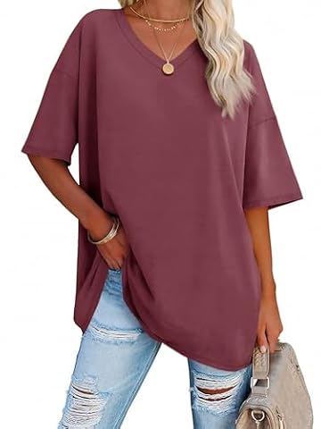 Ebifin Damska koszulka oversize, dekolt w serek, z krótkim rękawem, luźna, basic, na lato, na lato., czerwony (Weinrot), S