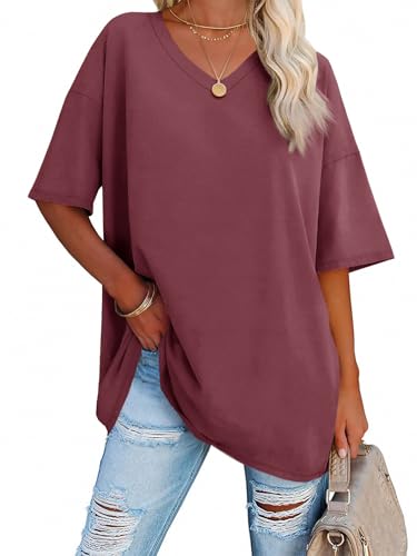 Ebifin Tee-Shirt Femme Décontracté Basique Oversize,Rosso Vino,XXL