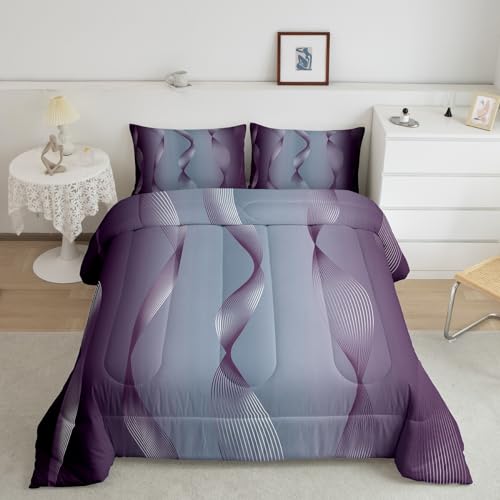 Erosebridal Gradient Purple and Grey Bedding Set Ombre Twin Comforter Set for Boys,Trippy Spiral Silver Wave Line Quilt,Abstract Art Room Decor Aesthetic