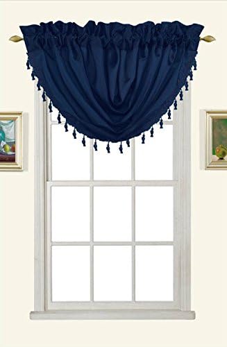 Melanie Faux Silk Rod Pocket Waterfall Valance with Tassels, 58x37 Inch (Navy)