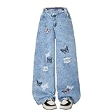 Nivne Tco Tween Girls Baggy Jeans, Wide Leg Zipper Denim Pants for Kids with Butterfly Embroidery & Ripped Detailing (US, Age, 12 Years, Blue)