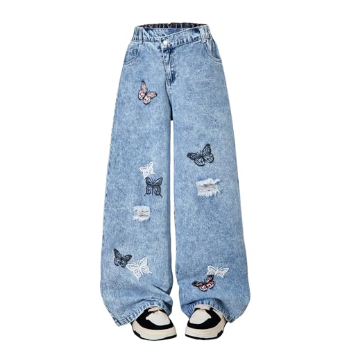 Nivne Tco Tween Girls Baggy Jeans, Wide Leg Zipper Denim Pants for Kids with Butterfly Embroidery & Ripped Detailing (US, Age, 12 Years, Blue)