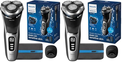 Image of Philips Norelco Shaver 3900 Series, Wet and Dry Electric Shaver, P-Cap, Travel Pouch, Charging Stand, Storm Blue, Model S3341 /92 (Pack of 2)