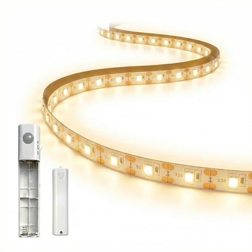 6.5ft Motion Sensor LED Light Strip Battery Powered, Tool-Less Under Cabinet Lighting with Hook and Loop Battery Box, 3 Modes (Always-On/Motion/Off), Warm White 3000K for Gun Safe, Closet, Underbed