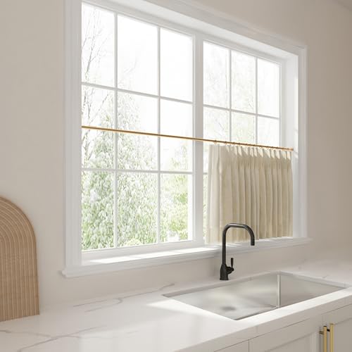 Image of TWOPAGES 42 inch inch W x 45 inch inch L Linen Blend Cafe Curtains for Kitchen Window, Light Filtering Pinch Pleated Tier Curtains, Modern Farmhouse Half Window Curtains for Bathroom, Sand Beige, 2 Panels