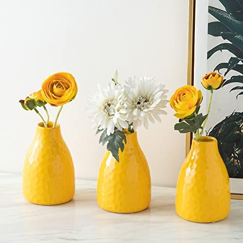Flower Vase Set of 3, Decorative Ceramic Vase, Vase for Decor Home Living Room Office Parties Wedding (Shinning Diamond Yellow White Pink)