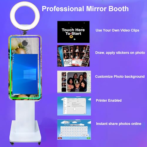 Ficha técnica Espejo mágico de cabina de fotos 21.5 pulgadas visualización táctil portátil cabina de fotos mini PC incorporada Windows cámara anillo de luz iluminación RGB para selfie fotobooth - Fernando Cortés