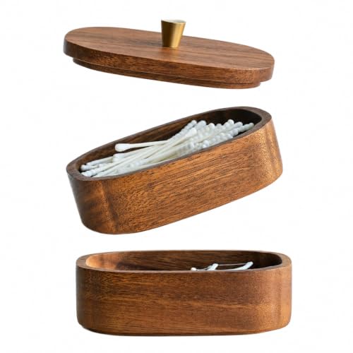 MIGAKU HOME Acacia Wood Qtip Holder Bathroom Jars with Lids Double-Layer Canisters for Cotton Ball/Round/Pads Floss Pick Storage Jars for Bathroom Countertop/Vanity Organizer Home Decor